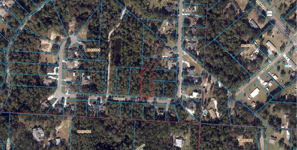 This is an aerial map showing a vacant, wooded residential lot outlined in red on Ashbury Lane — 2733 ASHBURY LANE, CANTONMENT, FL
