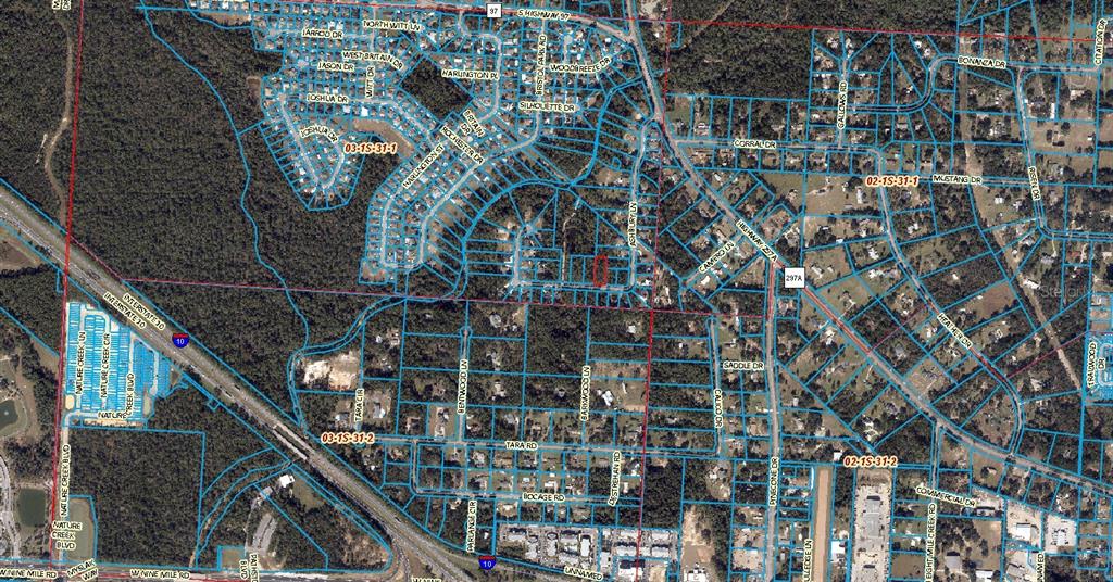 An aerial map shows a residential area with property boundaries highlighted in blue — 2733 ASHBURY LANE, CANTONMENT, FL
