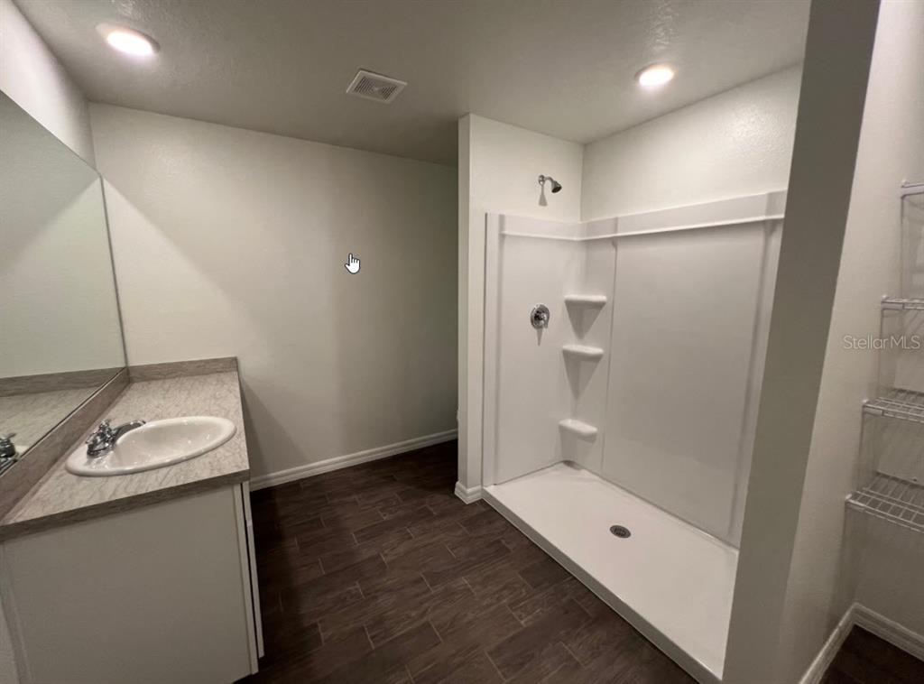 A bathroom features a single vanity with a sink, a walk-in shower, and wood-look flooring — 76 RALEIGH DRIVE, PALM COAST, FL
