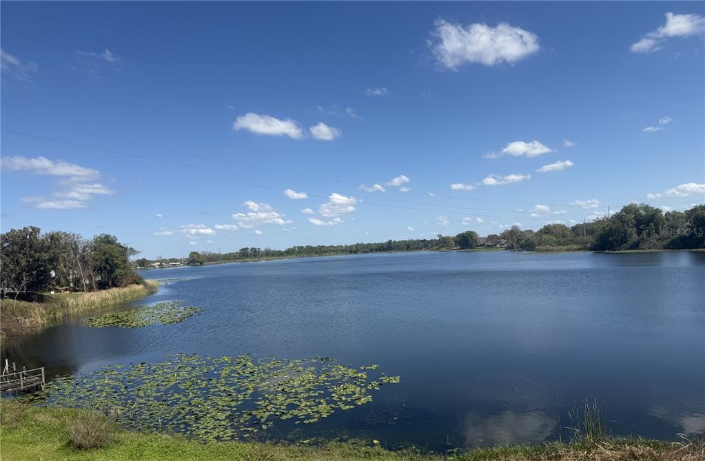 A view of a large lake with lily pads and a wooden dock — 607 COUNTRY LANE NE UNIT 607, WINTER HAVEN, FL