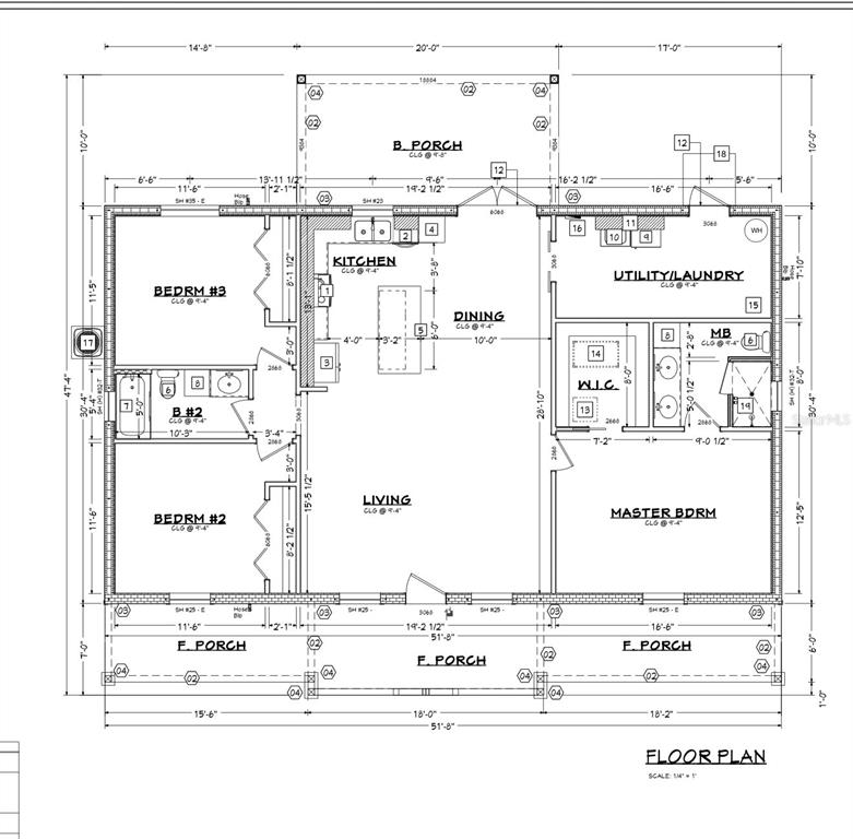 This is a floor plan for a three-bedroom house with a kitchen, living area, and porches — 16848 NW 288TH STREET, OKEECHOBEE, FL
