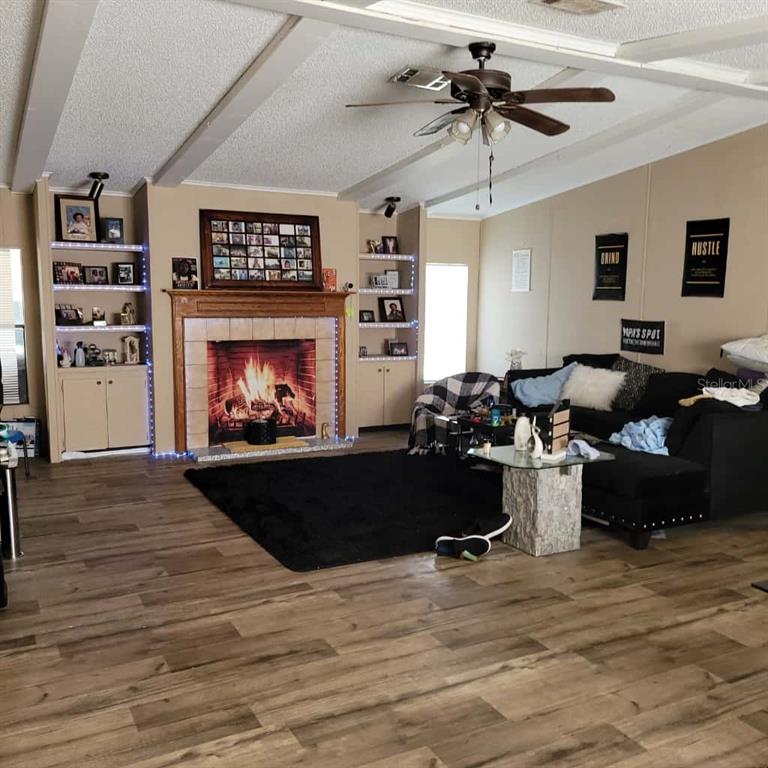 A living room features a fireplace with built-in shelving, a black rug, and wood-look flooring — 16165 NARROW STREET, BROOKSVILLE, FL