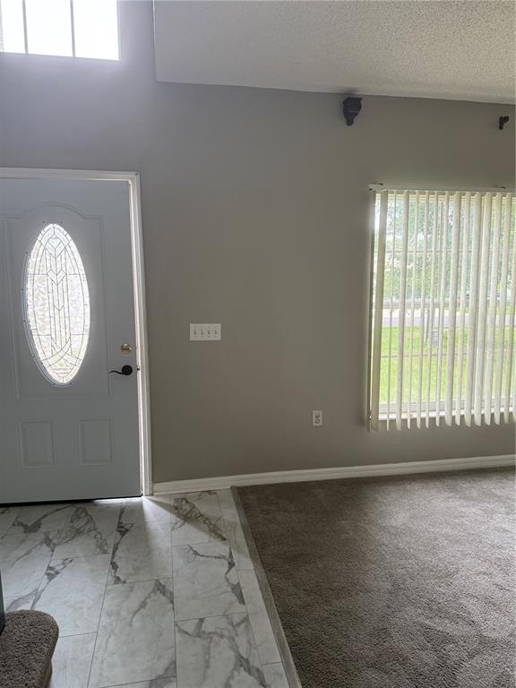 An entryway features a white front door, marble-look tile flooring, and a carpeted living area — 517 MARICOPA DRIVE, KISSIMMEE, FL