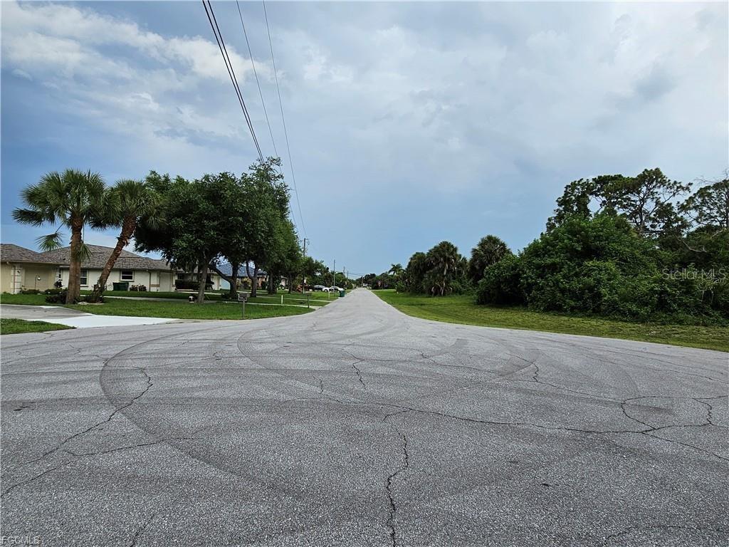 A paved residential street features tire marks in the foreground and palm trees on the left — 105 ISLAND COURT, ROTONDA WEST, FL
