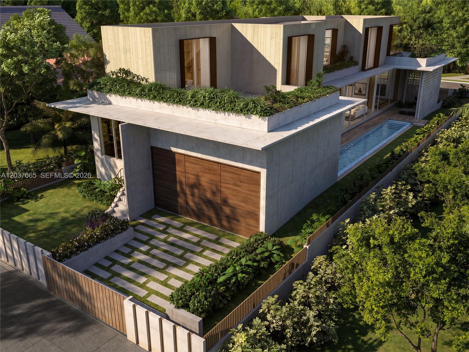 A rendering of a modern concrete house with a flat roof garden and lap pool — 1728 Lenox Ave, Miami Beach FL 33139, MIAMI BEACH, FL