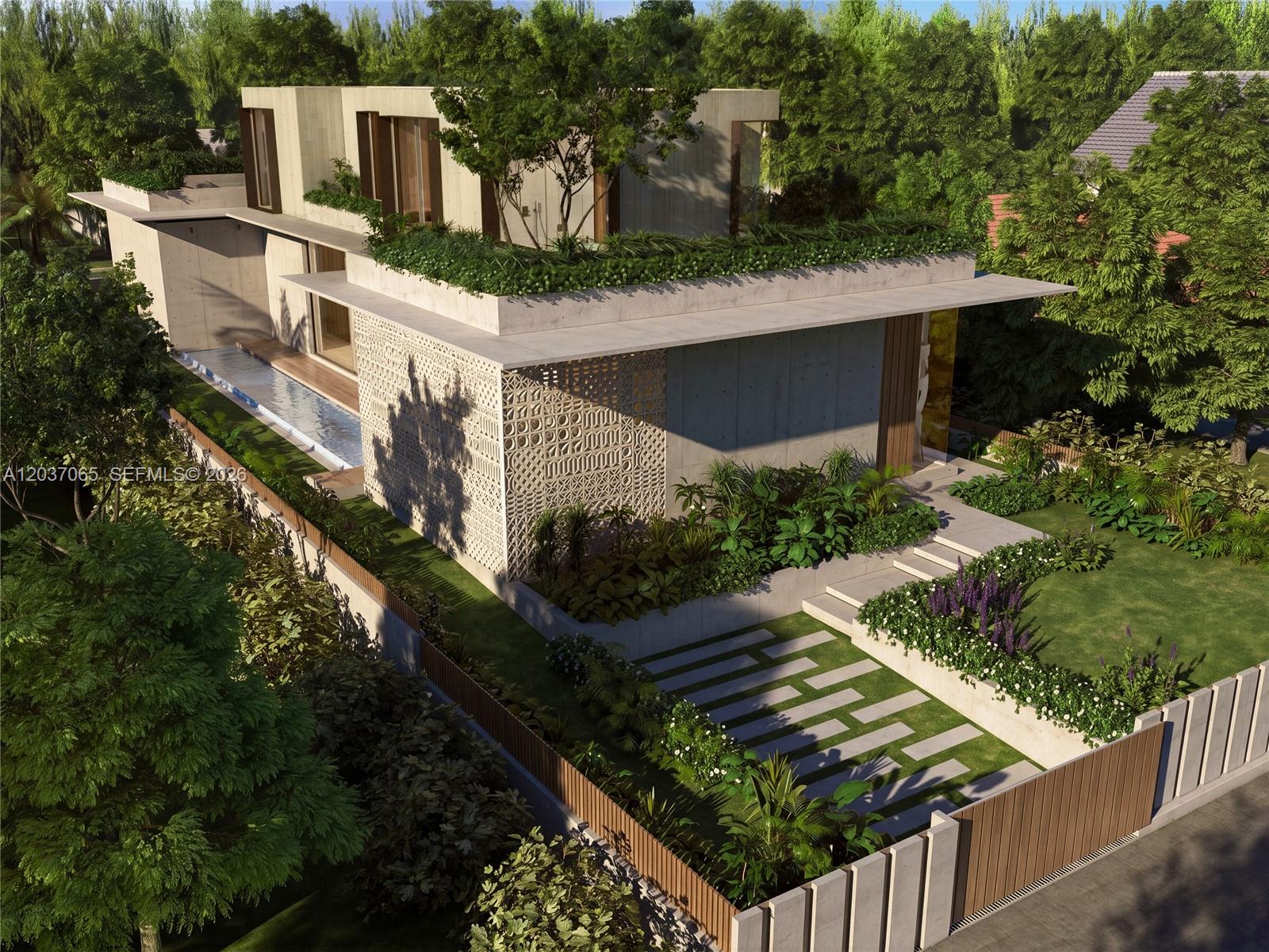 This architectural rendering shows a modern concrete house with a green roof and swimming pool — 1728 Lenox Ave, Miami Beach FL 33139, MIAMI BEACH, FL