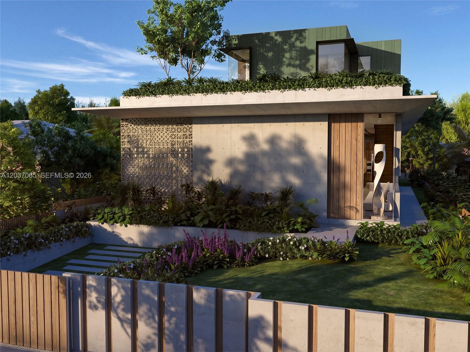 This architectural rendering shows a modern concrete house with a green roof and landscaped yard — 1728 Lenox Ave, Miami Beach FL 33139, MIAMI BEACH, FL