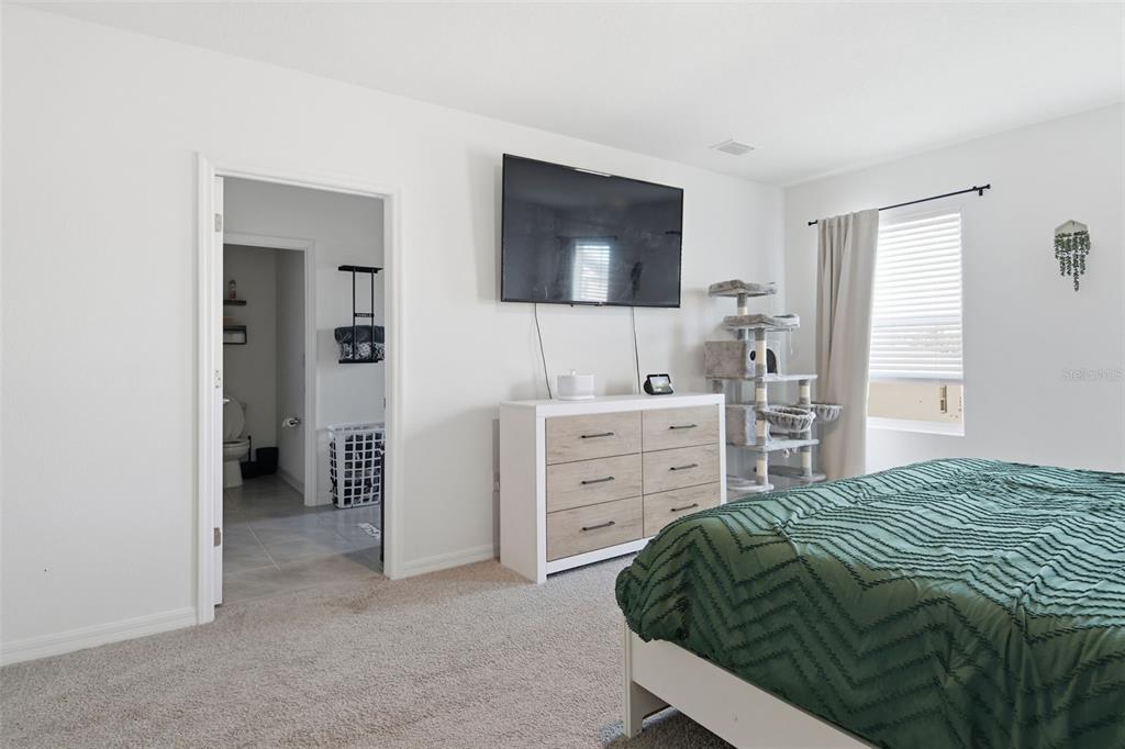 A bedroom features a green bedspread, a dresser with a wall-mounted television, and an attached bathroom — 3844 SUNNY SPRING STREET, PLANT CITY, FL