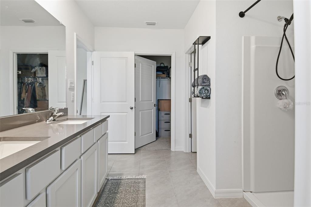 A bathroom features a double vanity, a walk-in shower, and an open closet door — 3844 SUNNY SPRING STREET, PLANT CITY, FL