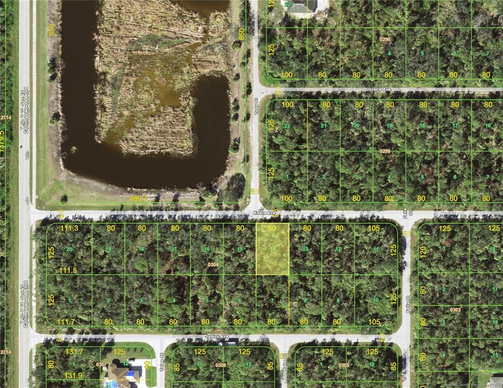 This is a satellite map showing residential lots, streets, and a pond — 18059 KOALA AVENUE, PORT CHARLOTTE, FL
