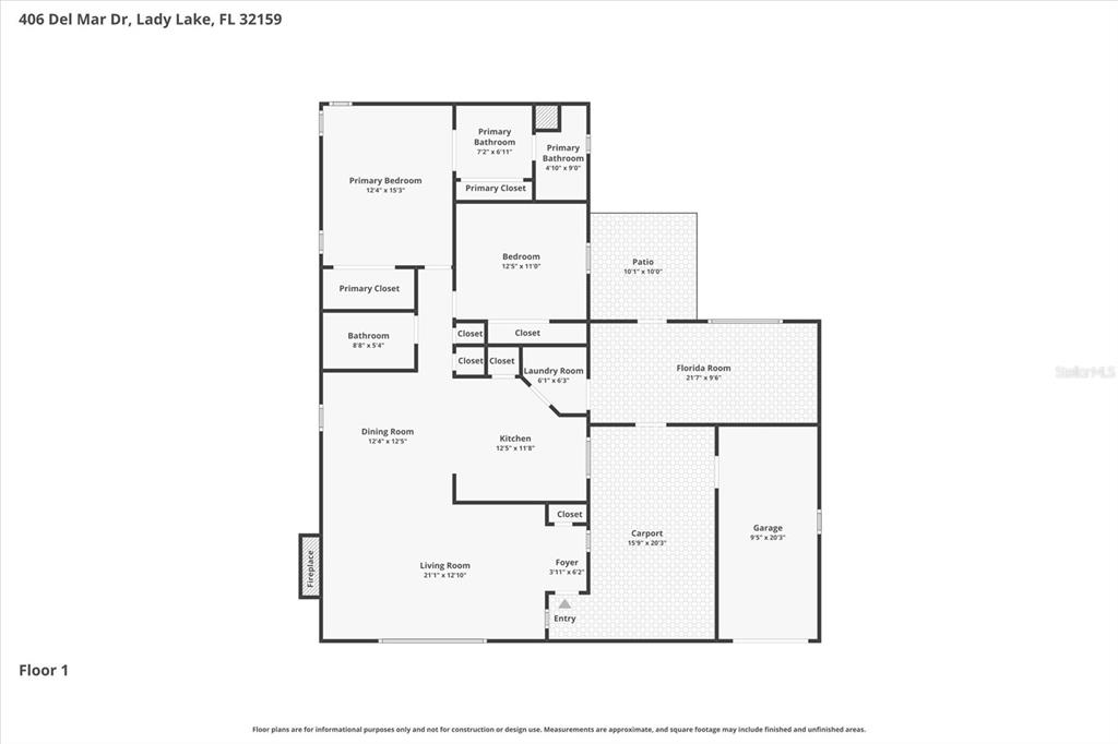 This is a floor plan for a single-story house with a garage, carport, and patio — 406 DEL MAR DRIVE, LADY LAKE, FL