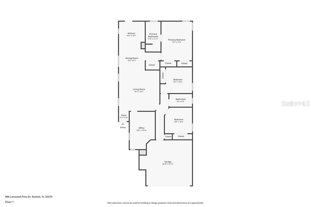 This is a floor plan of a single-story residential home with a garage — 906 LARWOOD PINE DRIVE, RUSKIN, FL