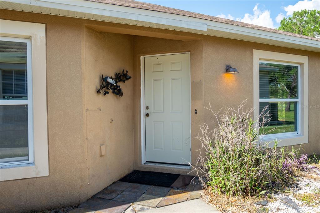 A tan stucco house exterior features a white front door and two windows — 9139 SOUTHERN CHARM CIRCLE, BROOKSVILLE, FL