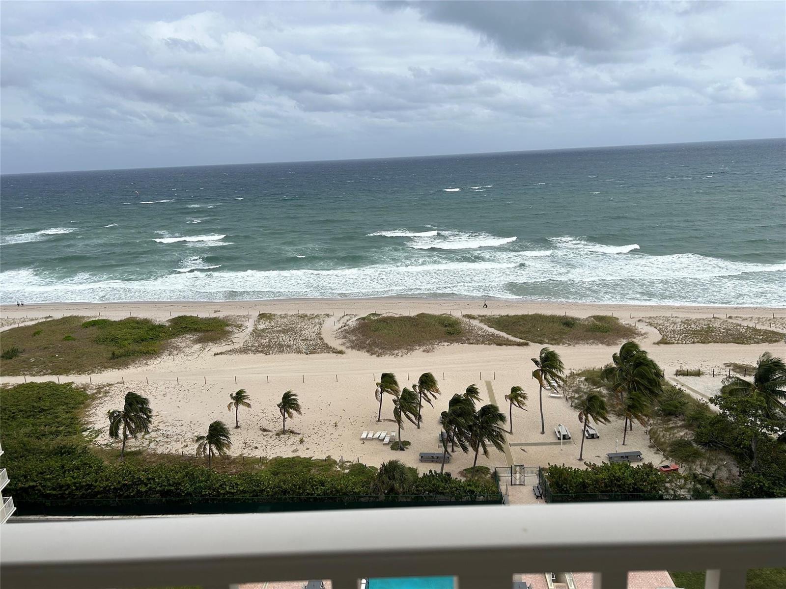A high-angle view of a sandy beach with palm trees and the ocean under clouds — 750 N Ocean Boulevard # 1409, Pompano Beach FL 33062, POMPANO BEACH, FL