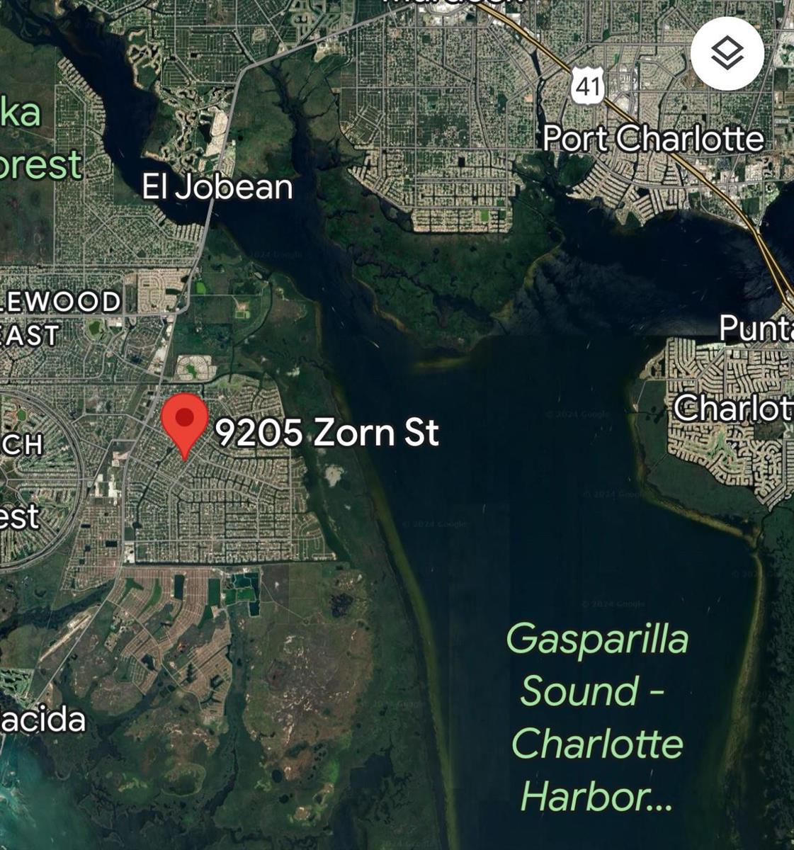 This is a satellite map showing the location of a property near Charlotte Harbor, Florida — 9205 Zorn Street, FL 33981, FL