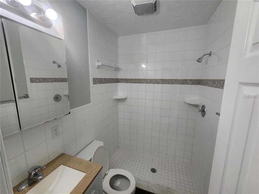 A bathroom features a vanity, a toilet, and a walk-in shower with white tiled walls — 109 21ST STREET NE, BRADENTON, FL
