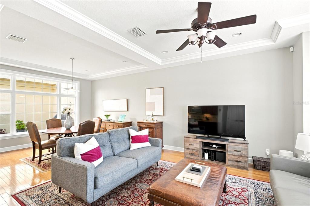 A living room with a gray sofa, television on a wooden stand, and dining area — 2557 W PLATT STREET, TAMPA, FL