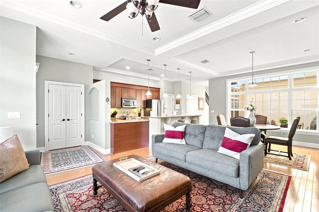 A living room with a gray sofa, leather ottoman, and an open kitchen with wooden cabinets — 2557 W PLATT STREET, TAMPA, FL