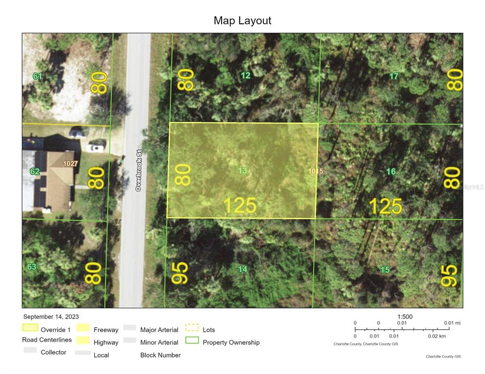 This is a map layout showing property lot lines and dimensions for a residential area — 498 OVERBROOK STREET, PORT CHARLOTTE, FL