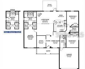 This is a floor plan for a single-story house featuring a garage, patio, and three bedrooms — 5759 N CANTOR AVENUE, NORTH PORT, FL