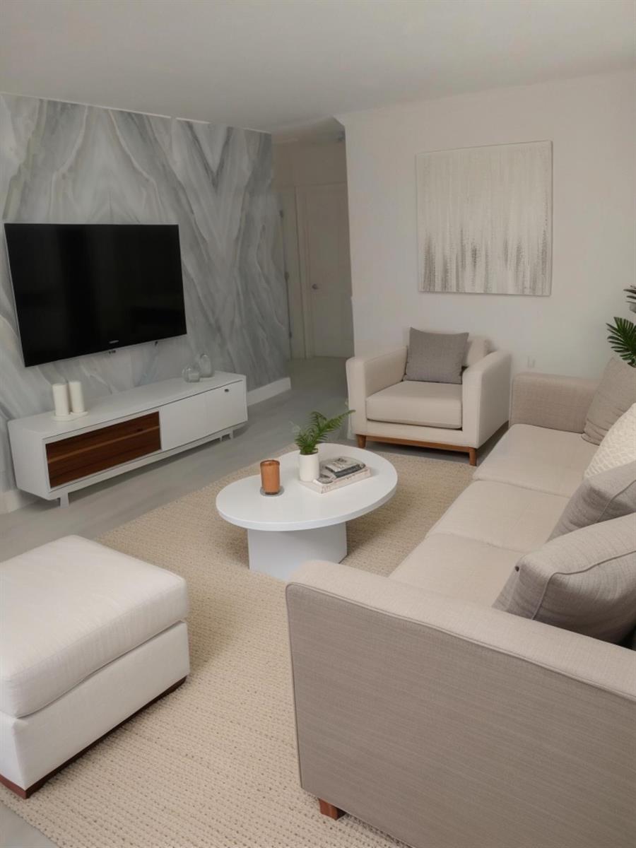 A living room features a marble-patterned accent wall, a white media console, and neutral furniture — 6641 Miramar Parkway, Miramar FL 33023, MIRAMAR, FL