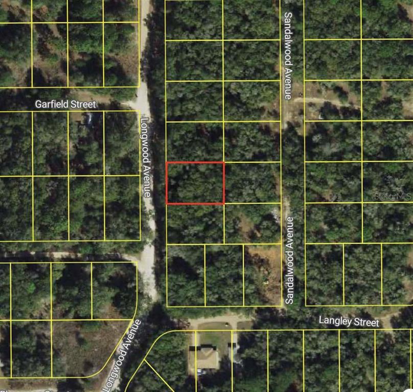 This is an aerial map showing a vacant, wooded lot outlined in red — 612 LONGWOOD AVENUE, INVERNESS, FL