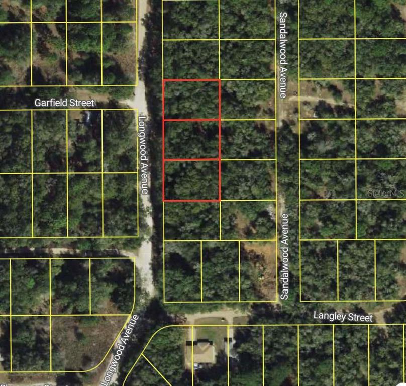 This is an aerial map showing three adjacent rectangular land parcels outlined in red — 612 LONGWOOD AVENUE, INVERNESS, FL