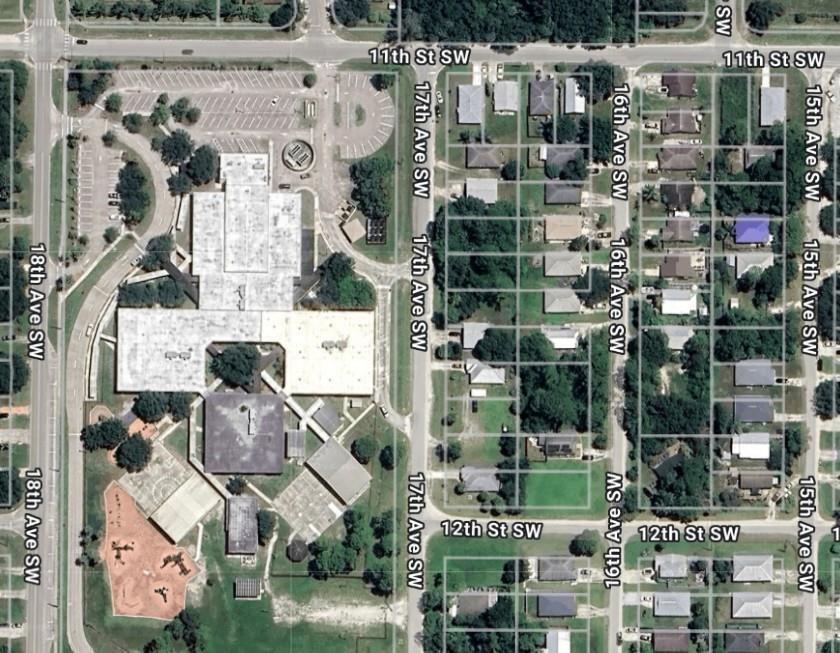 This aerial map shows a residential neighborhood adjacent to a large school building — 1115 15th Avenue SW, Vero Beach FL 32962, VERO BEACH, FL