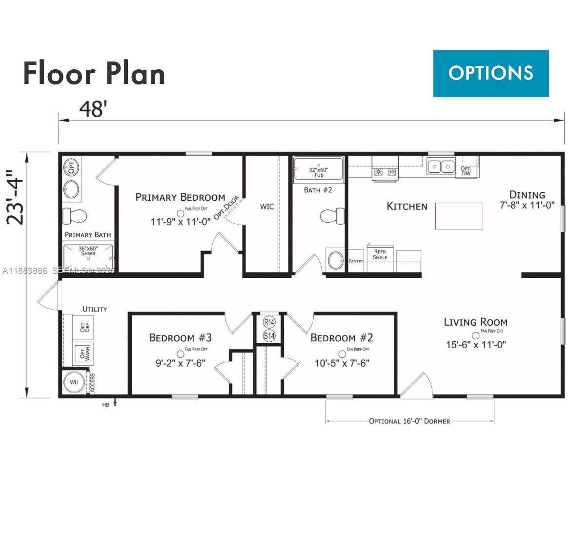 This is a floor plan for a three-bedroom, two-bathroom home measuring 48 feet by 23 feet — 357 Horse Club, Clewiston FL 33440, CLEWISTON, FL
