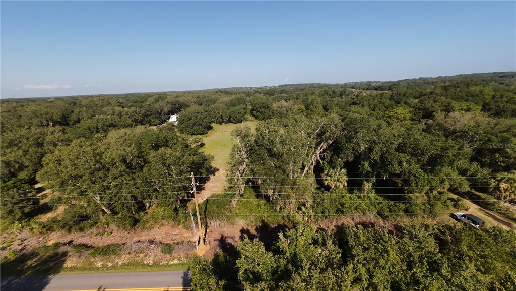 An aerial view shows a grassy clearing surrounded by dense trees near a paved road — 41739 THOMAS BOAT LANDING ROAD, UMATILLA, FL