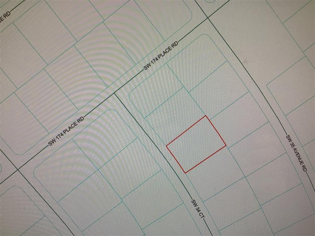 This is a map showing a rectangular parcel of land outlined in red — 0 SW 34 COURT, OCALA, FL