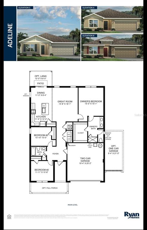 This is a floor plan and exterior rendering of a single-story house model named Adeline — 35550 SPARROW NEST WAY, ZEPHYRHILLS, FL