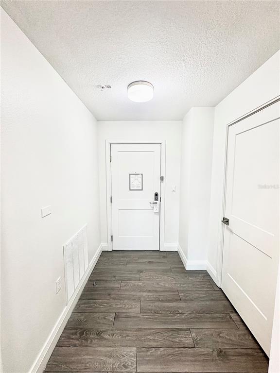 A bright entryway features white walls, a white door, and dark wood-look flooring — 14501 GROVE RESORT AVENUE UNIT 3524, WINTER GARDEN, FL