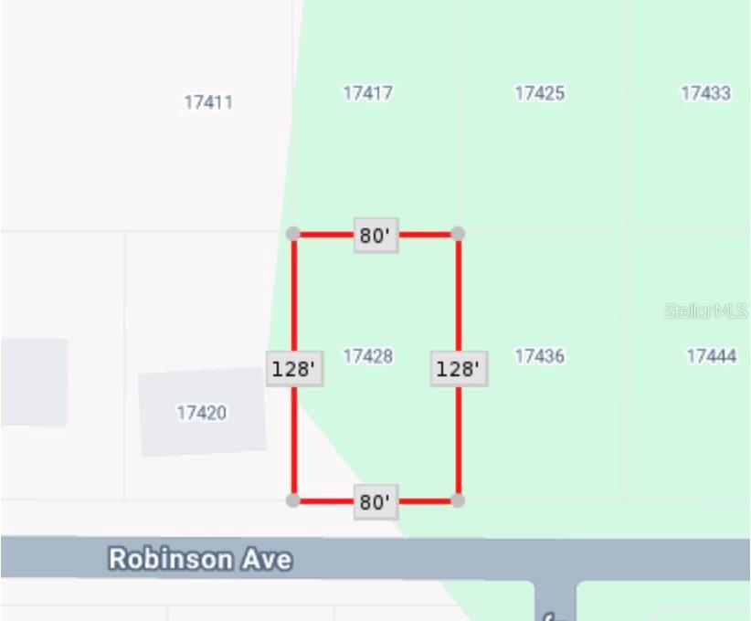 This map shows a rectangular property lot measuring 80 feet by 128 feet — 17428 ROBINSON AVENUE, PORT CHARLOTTE, FL