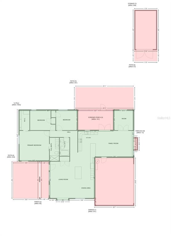 This floor plan shows the layout of a single-story home with a detached storage building — 1809 STELLA COURT N, LAKELAND, FL