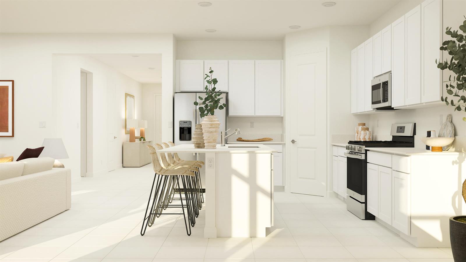 This rendering shows a modern white kitchen with a central island and bar seating — 19087 Wood Stork Way, FL 33470, FL