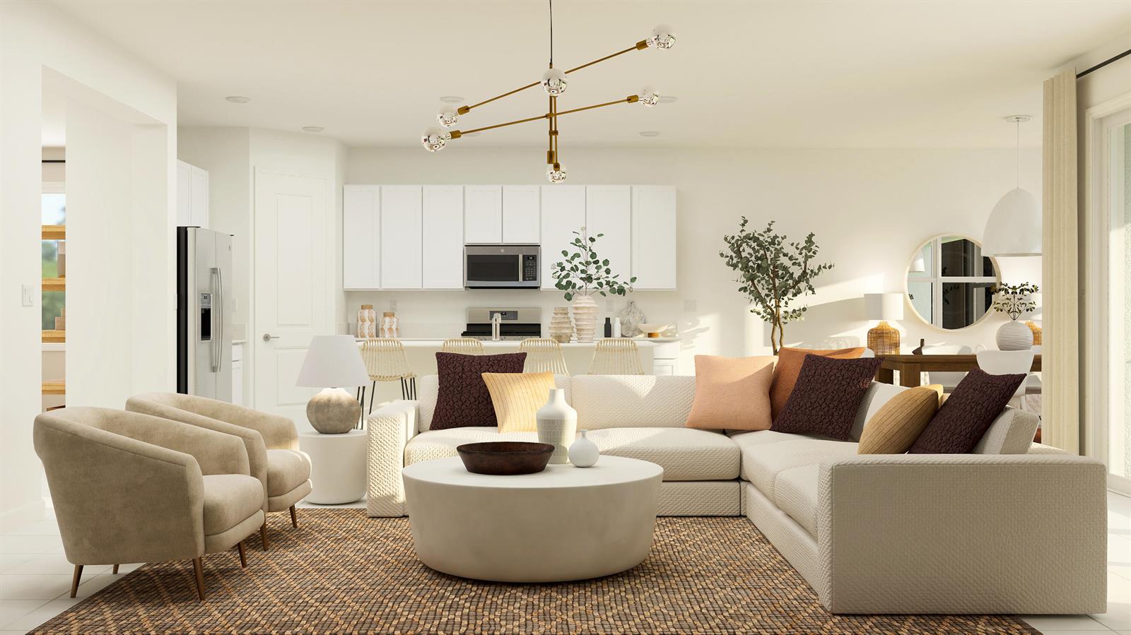 This rendering shows an open-concept living room and kitchen with neutral furniture and modern lighting — 19087 Wood Stork Way, FL 33470, FL
