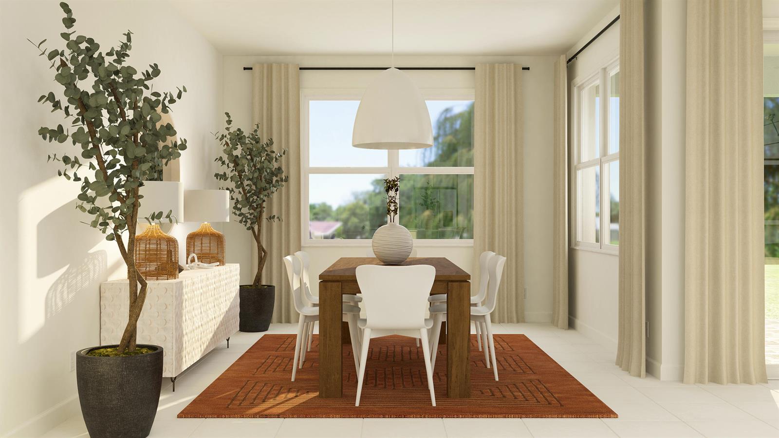 This is a rendering of a dining room featuring a wooden table, white chairs, and rug — 19087 Wood Stork Way, FL 33470, FL