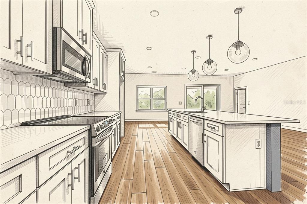 This is a digital rendering of a modern kitchen featuring white cabinetry and a central island — 21099 SW 1ST PLACE, NEWBERRY, FL