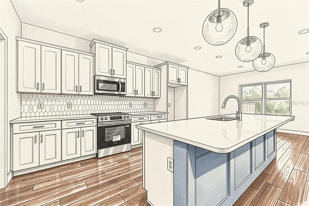This is a digital rendering of a modern kitchen with white cabinets and a blue island — 21099 SW 1ST PLACE, NEWBERRY, FL