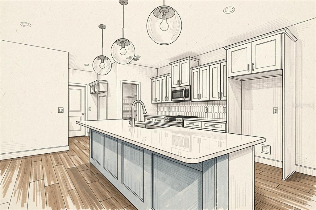 This is a digital rendering of a modern kitchen featuring a large island and cabinetry — 21099 SW 1ST PLACE, NEWBERRY, FL