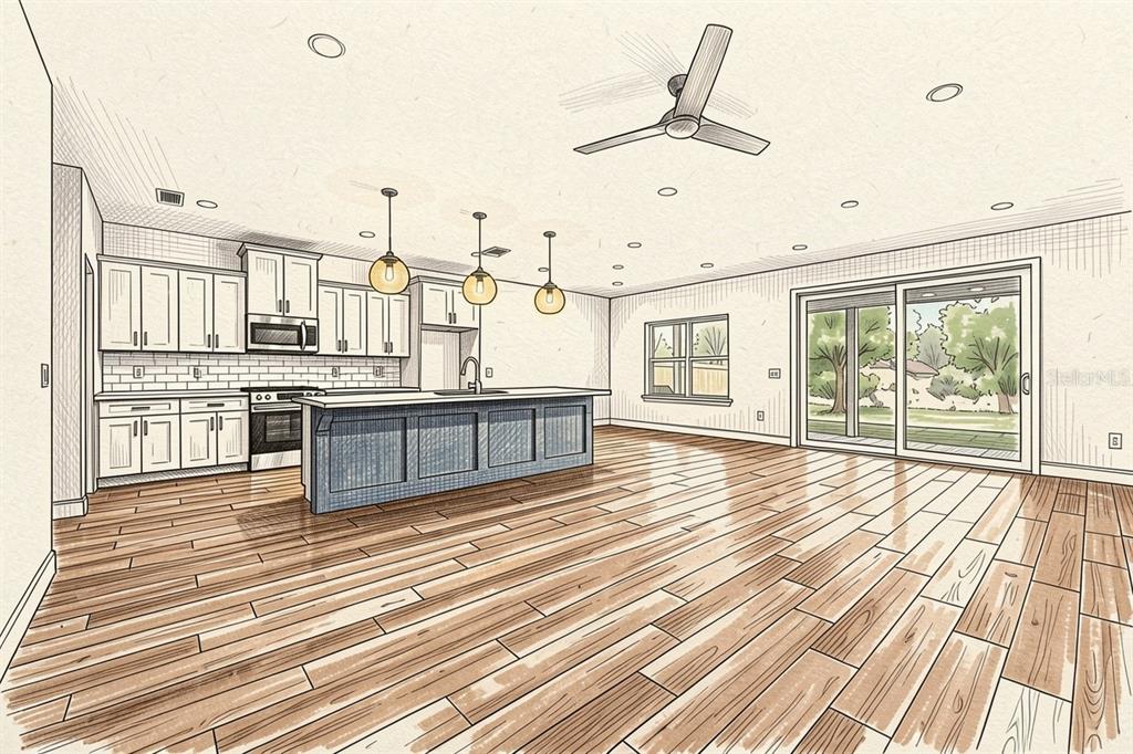 This is a digital rendering of an open-concept kitchen with a blue island and wood floors — 21099 SW 1ST PLACE, NEWBERRY, FL
