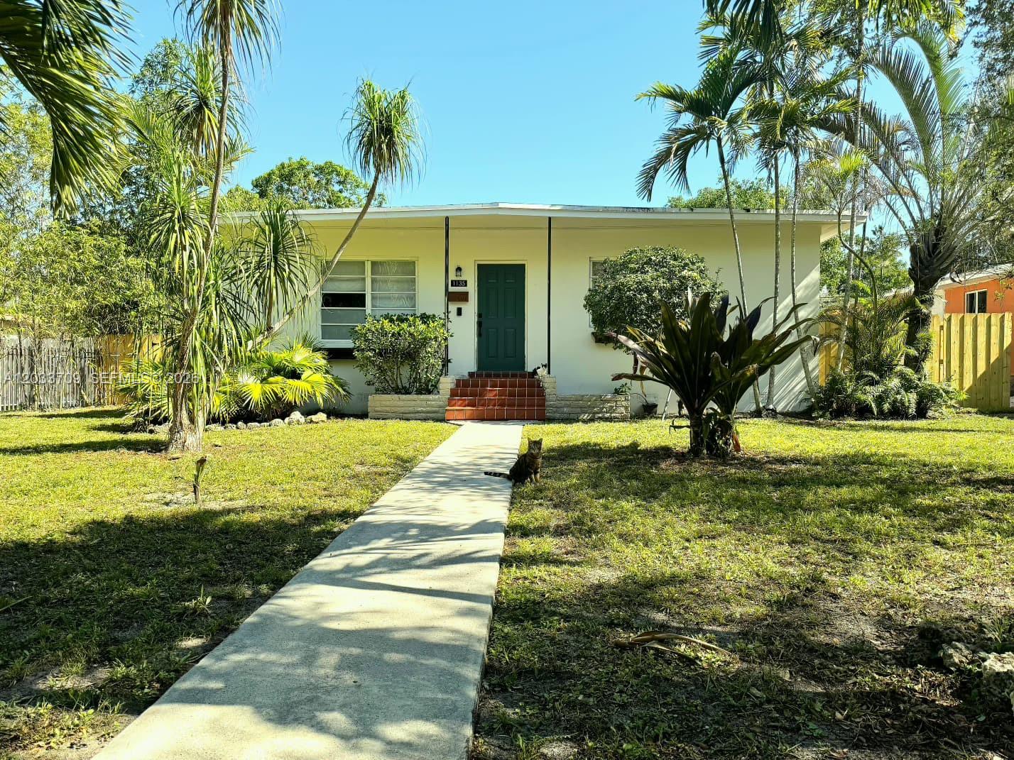 A single-story house with a green door, a concrete walkway, and palm trees in front — 1135 NE 133 rd St, North Miami FL 33161, NORTH MIAMI, FL
