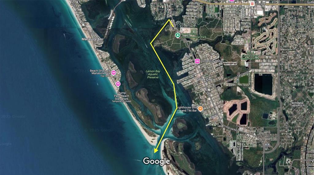 This is a satellite map showing the Lemon Bay Aquatic Preserve and surrounding coastal areas — 2061 S PINE ST, ENGLEWOOD, FL