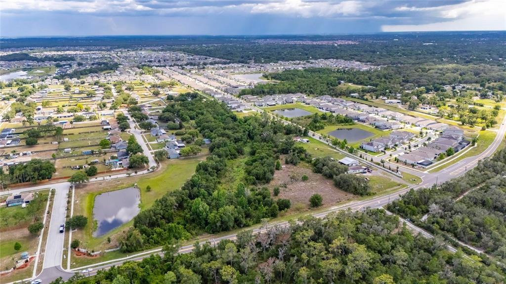 An aerial view shows a suburban neighborhood with houses, retention ponds, and surrounding wooded areas — 13311 RHODINE ROAD, RIVERVIEW, FL