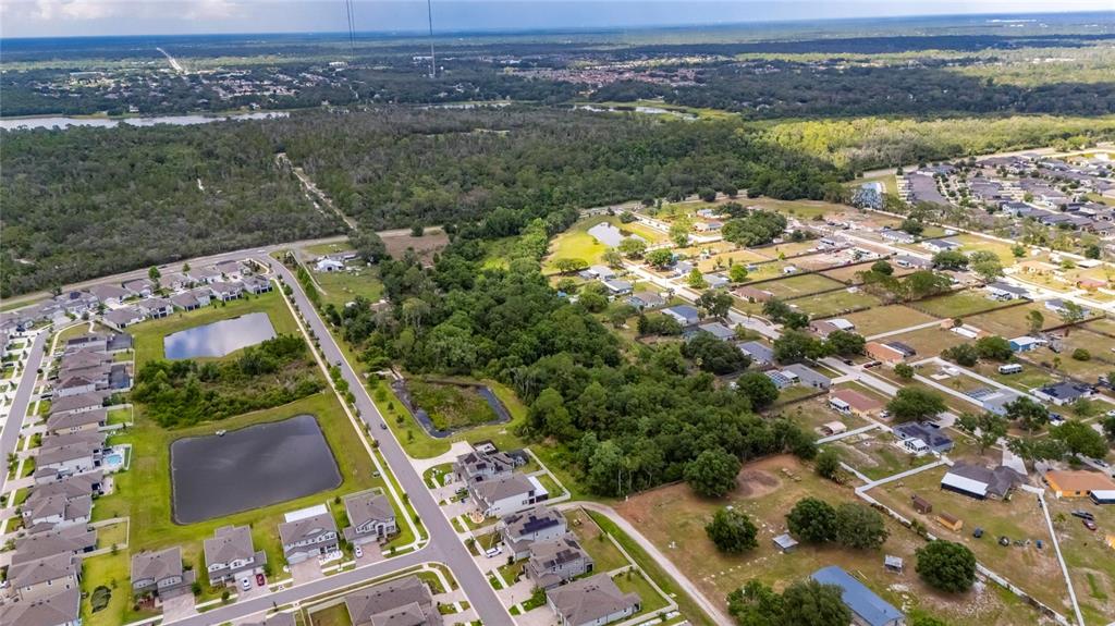 An aerial view shows a suburban neighborhood with houses, retention ponds, and surrounding wooded areas — 13311 RHODINE ROAD, RIVERVIEW, FL