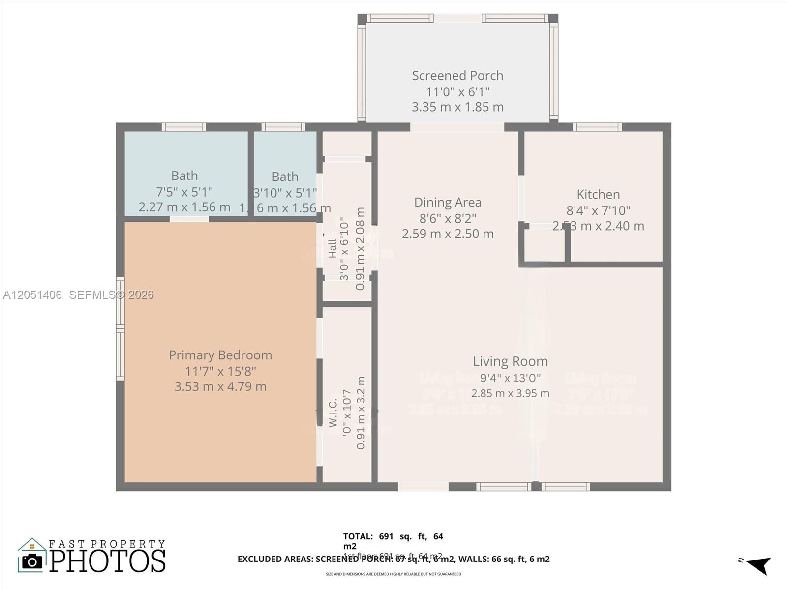 This is a floor plan showing a one-bedroom apartment layout with a screened porch — 13500 NE 3rd Ct # 121, North Miami FL 33161, NORTH MIAMI, FL