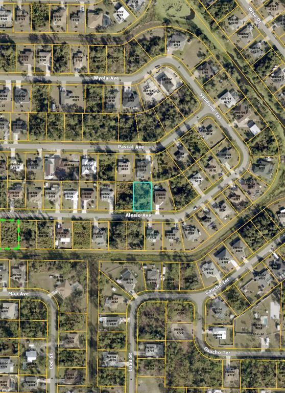 This is an aerial map showing residential lots and streets in a suburban neighborhood — ALESIO AVENUE, NORTH PORT, FL