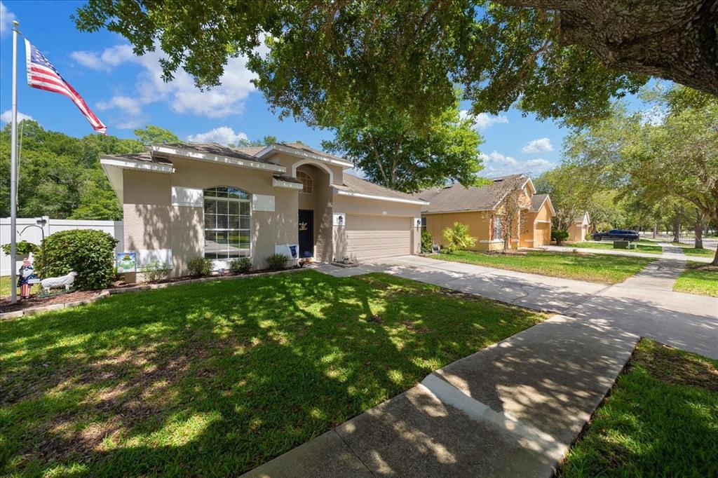 A single-story suburban house with a tan stucco exterior, a two-car garage, and a lawn — 12044 COLONY LAKES BOULEVARD, NEW PORT RICHEY, FL