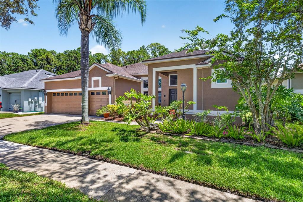 A single-story house with a brown exterior, a two-car garage, and a landscaped front yard — 10737 AYRSHIRE DRIVE, TAMPA, FL